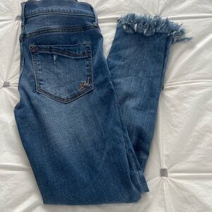 Express Women's Dark Blue Frayed Hem Cropped Jeans